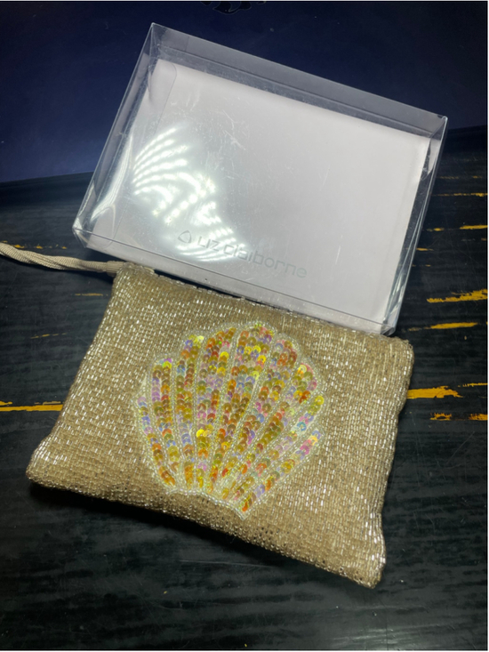 Liz Claiborne Handbags - Vintage Liz Claiborne Beaded Seashell Clutch Wristlet Gold & Iridescent Sequins